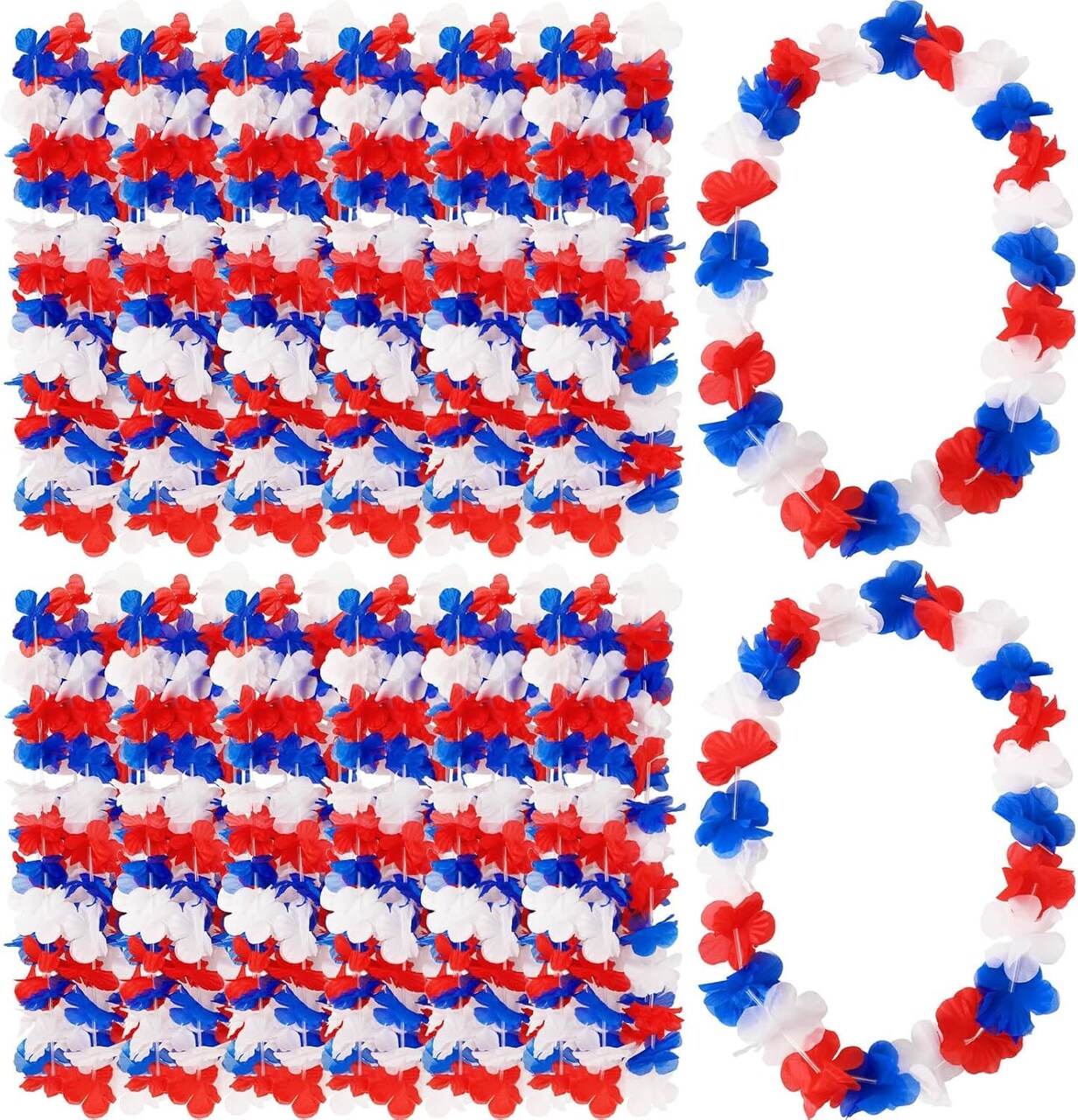 24 Pack Patriotic Leis Red White and Blue Flower Leis, 4th of July Garlands Hawaiian Luau Flower Necklaces Bulk for Fourth of July, Memorial Day, Independence Day Decorations Party Favors